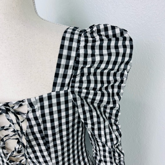 Lovers + Friends Black White Buffalo Plaid Puff Rouch Sleeve Lace up Mini Dress - Picture 5 of 10